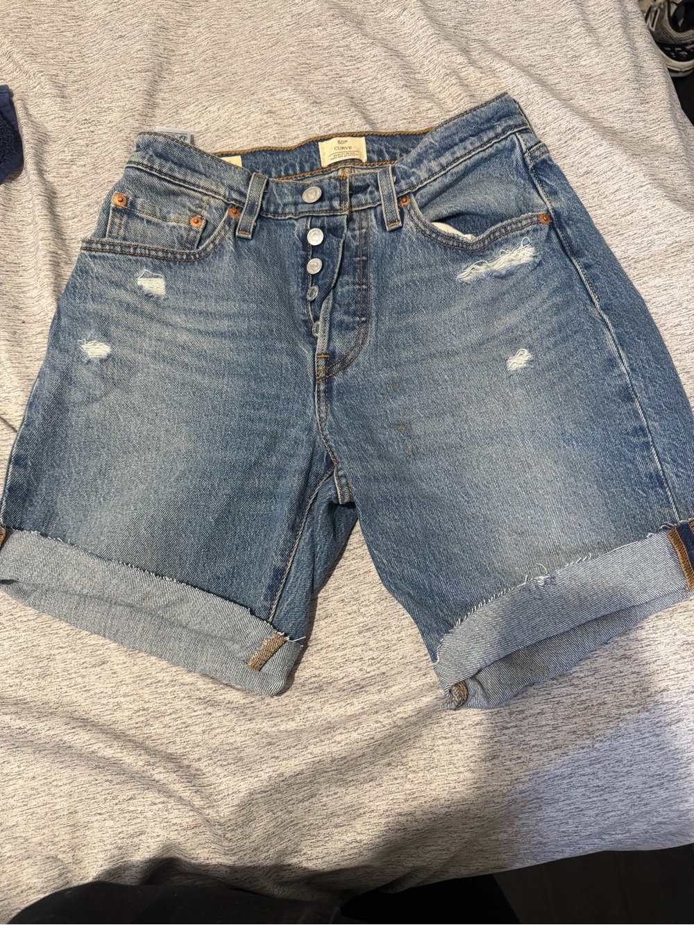 Levi's Mid-Blue Distressed Button-Fly Jean Shorts